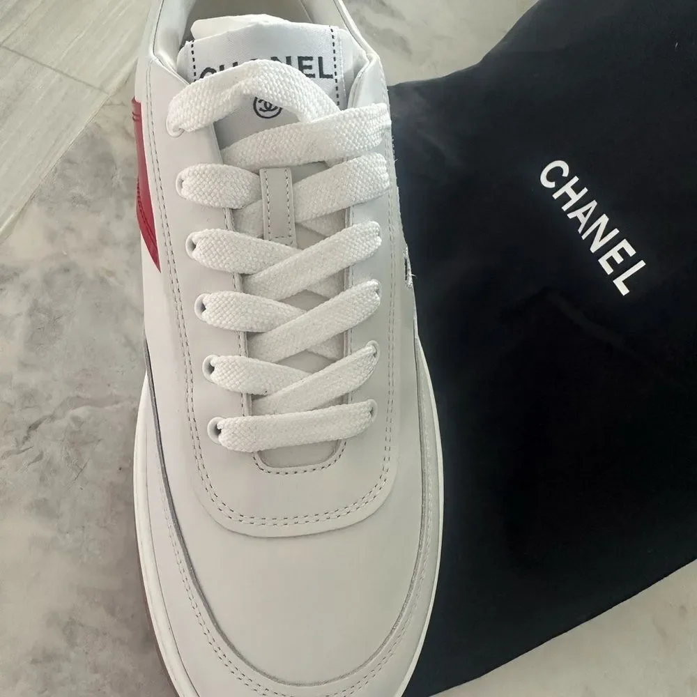 Chanel Woman’s White Sneakers with red  and grey CC logo